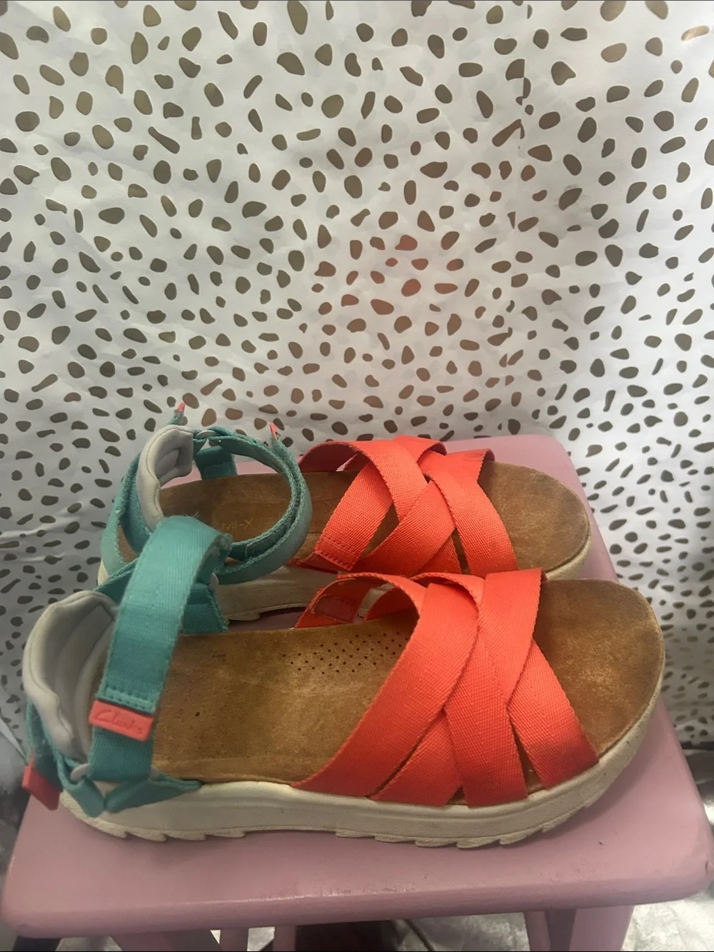 Clarks Coral and Teal Cross-Strap Sandals